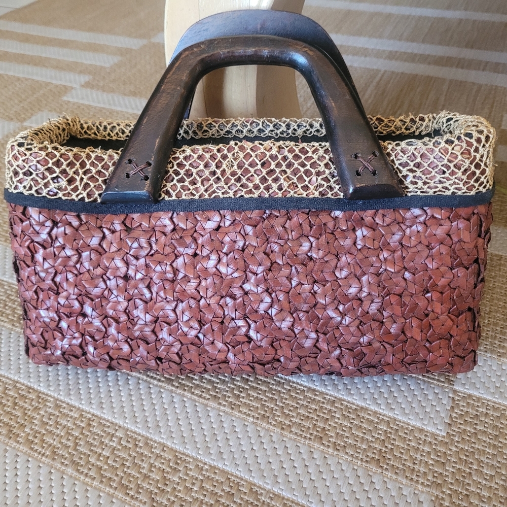 Brown Woven Handbag with Wooden Handles